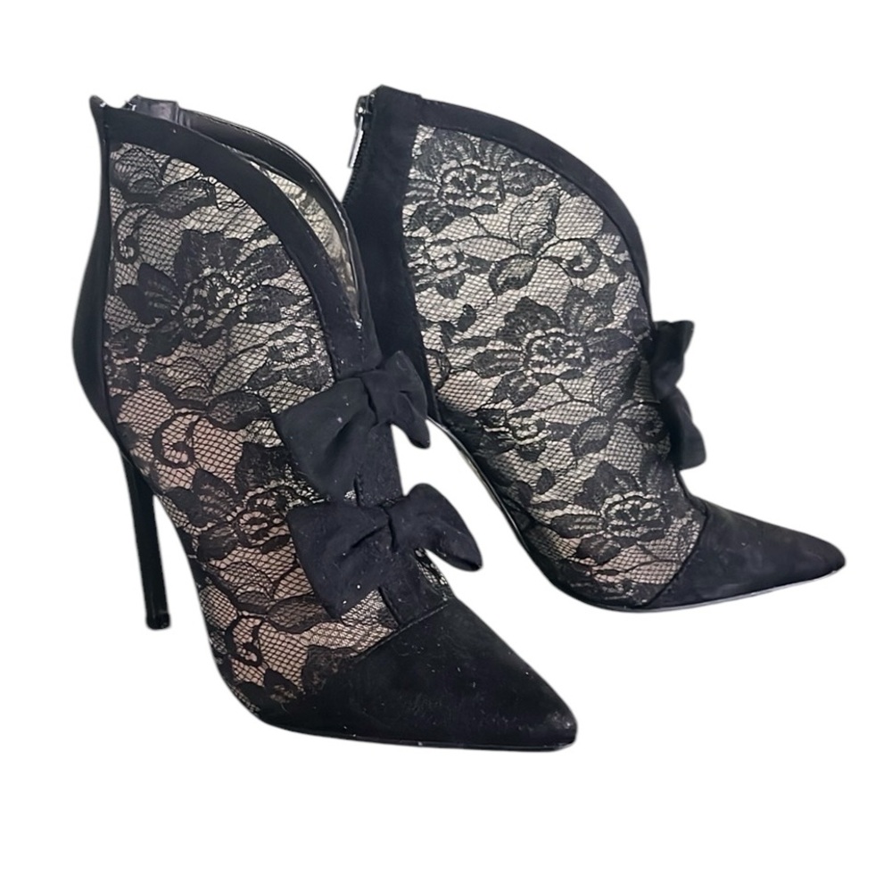 Madison by Shoedazzle Alanna high heel black suede lace booties back zip